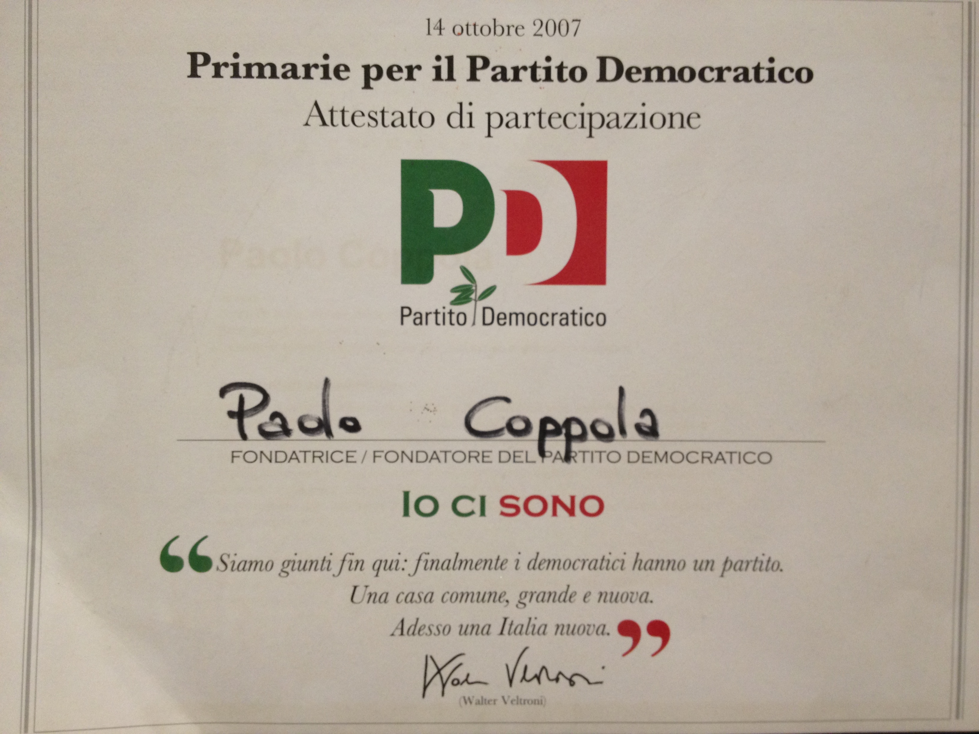 attestato di partecipazione alle primarie del PD